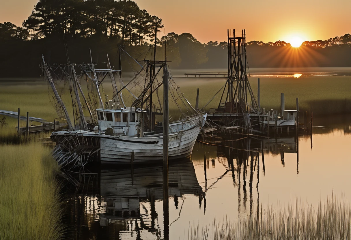 Docks and shrimp trawlers on Far Creek at first light in Engelhard, Hyde County