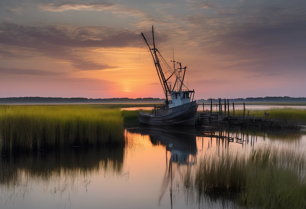Working docks on Far Creek at dawn in Engelhard, Hyde County, with a trawler tied up and marsh grass along the bank