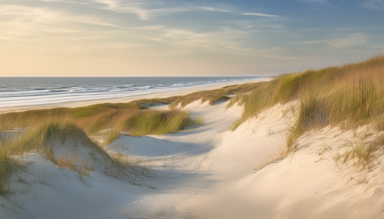 Ocracoke Island dunes and Atlantic beach in late afternoon light, sea oats in the foreground