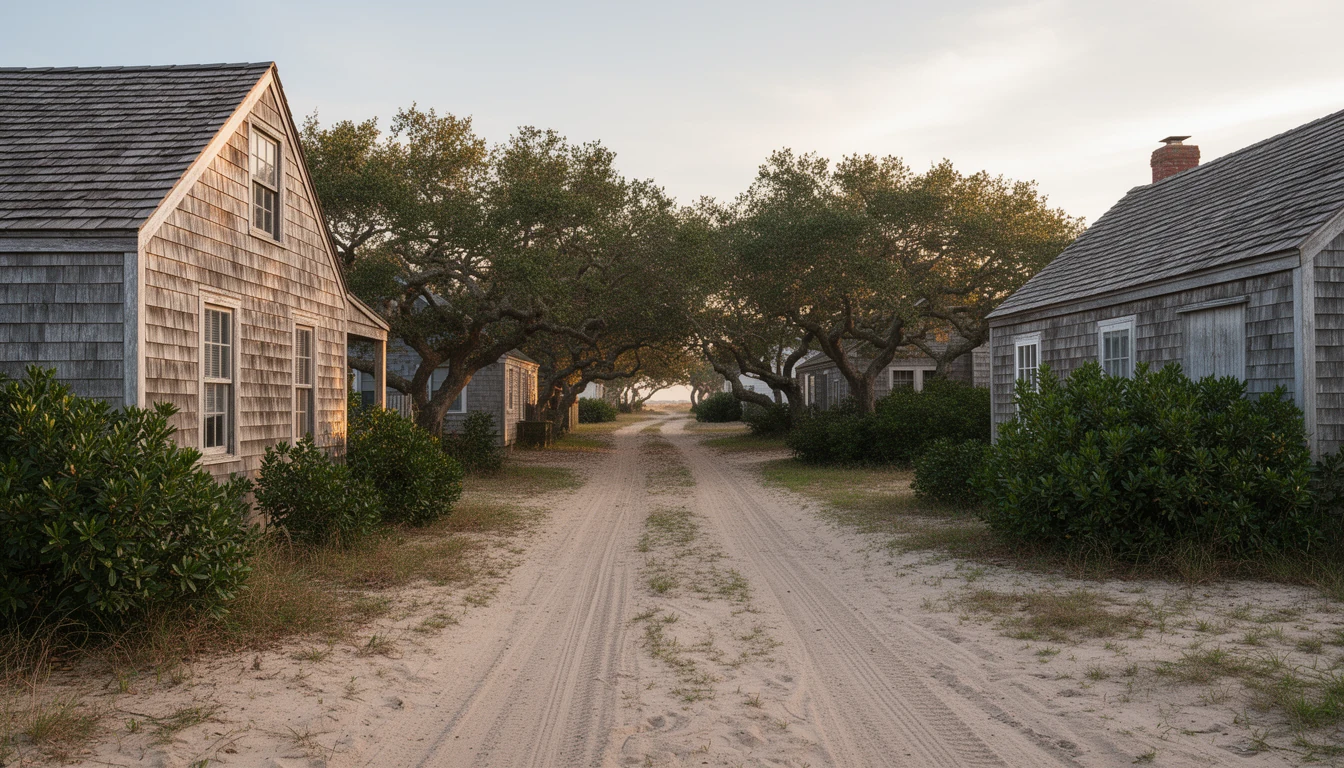 Sandy lane between weathered wooden houses in Ocracoke village on Ocracoke Island, Hyde County