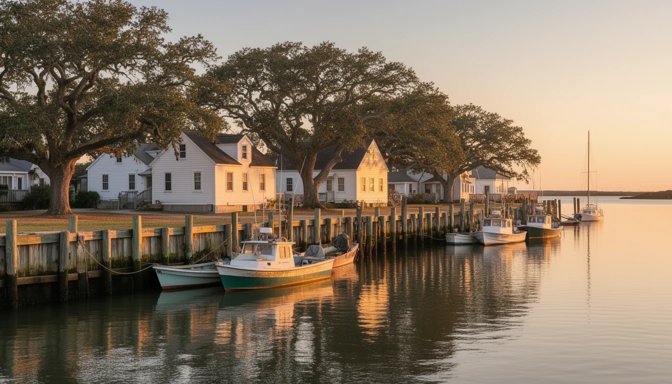 Silver Lake harbor in Ocracoke village at golden hour, small boats moored along a weathered wooden bulkhead with white houses and live oaks behind