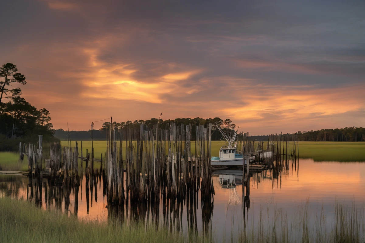 Working commercial fishing boats tied up at a small dock in Engelhard, Hyde County, North Carolina