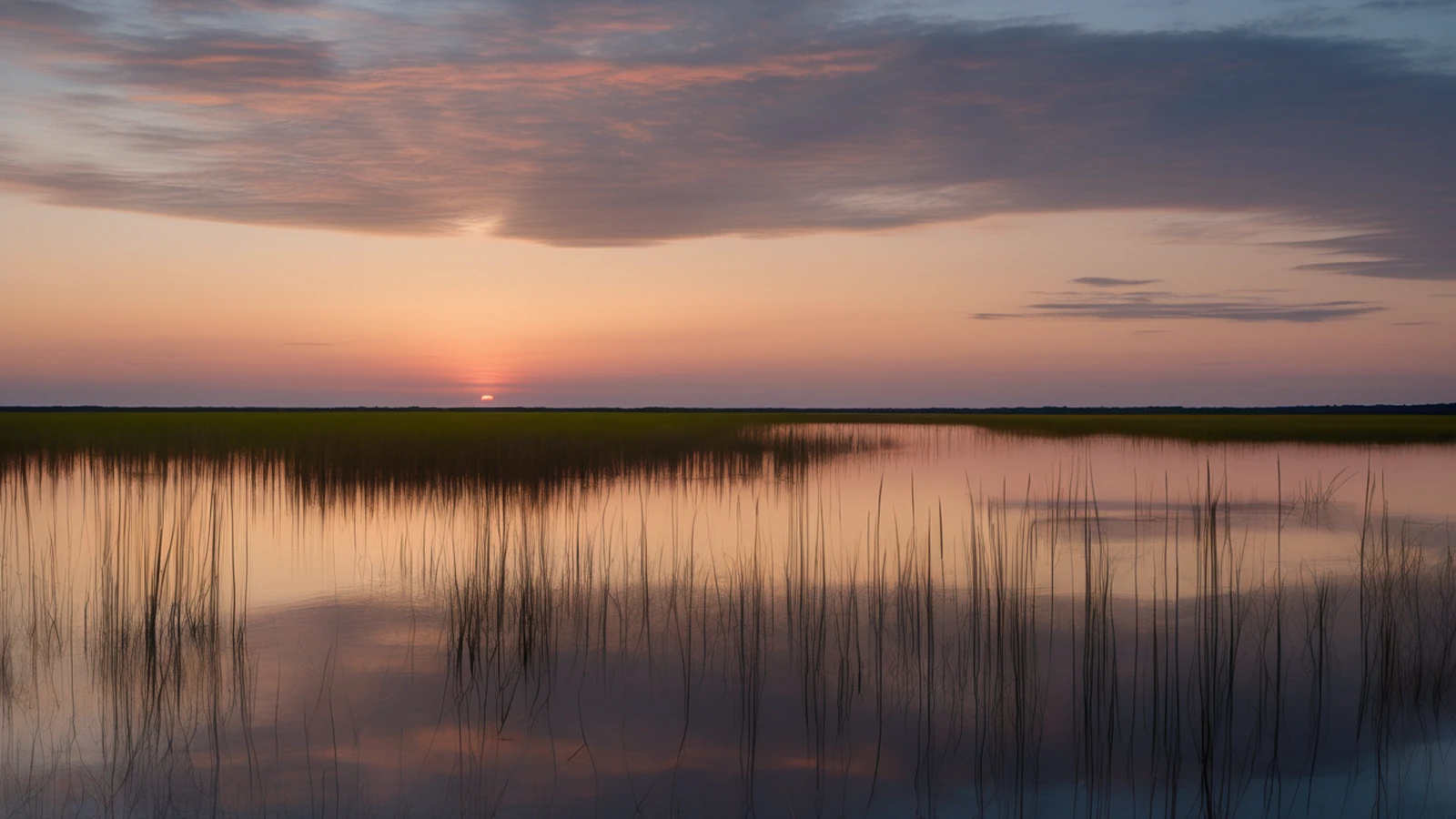 Sunrise over the marsh and open water of Lake Mattamuskeet, Hyde County, North Carolina