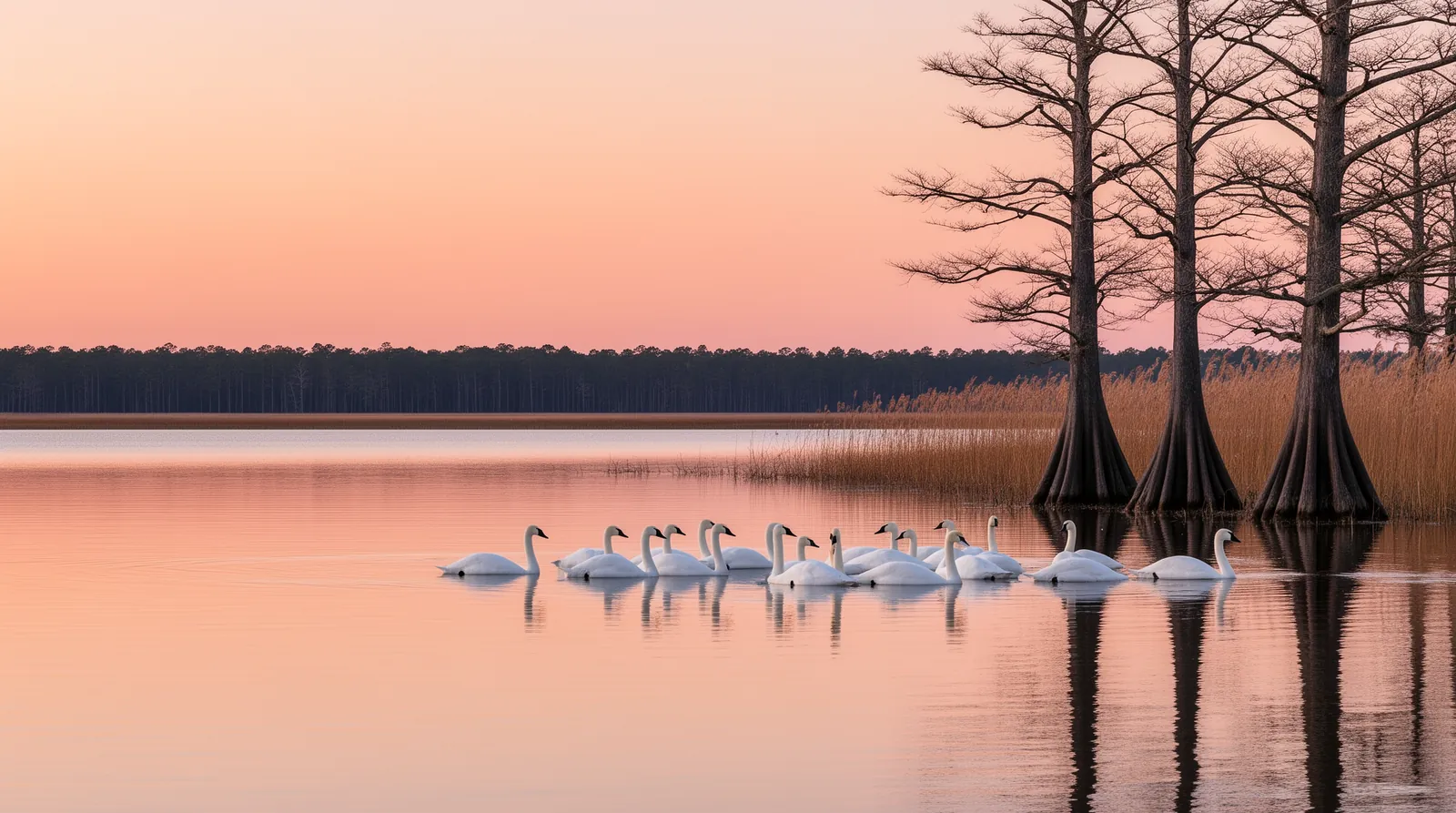 Tundra swans resting on calm Lake Mattamuskeet at dawn beside bare cypress trees standing in the water