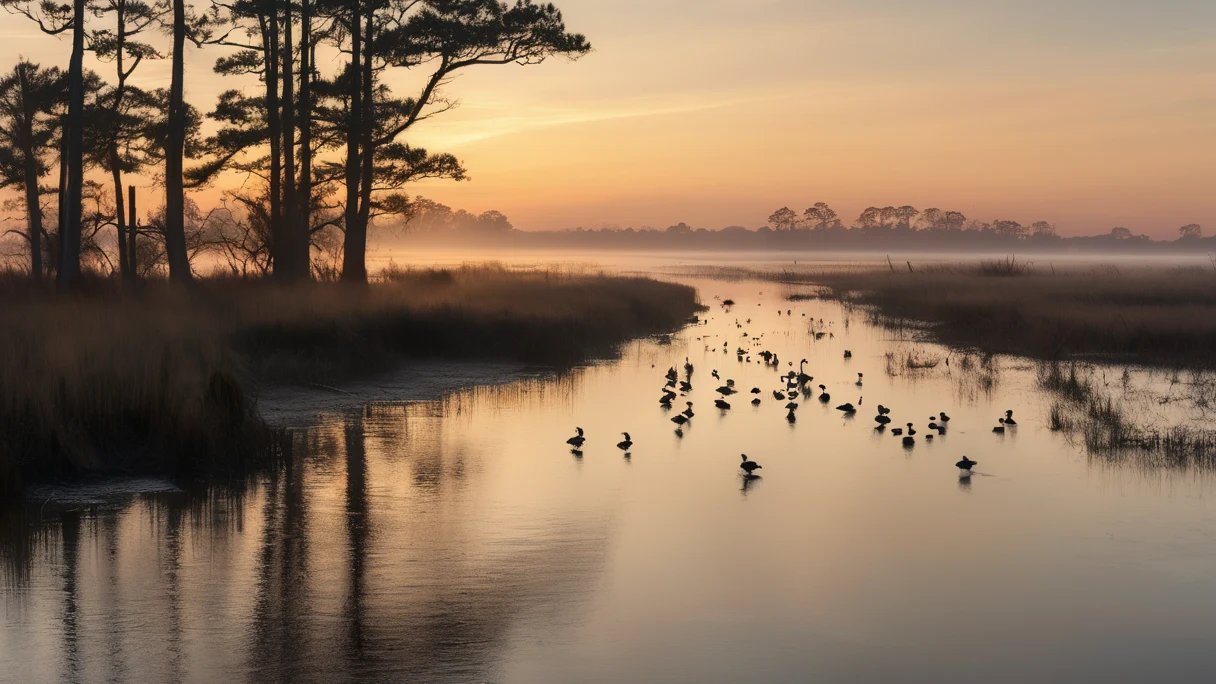 Flooded hunt impoundment on mainland Hyde County at sunrise, ducks on open water with marsh grass and pines along the edge