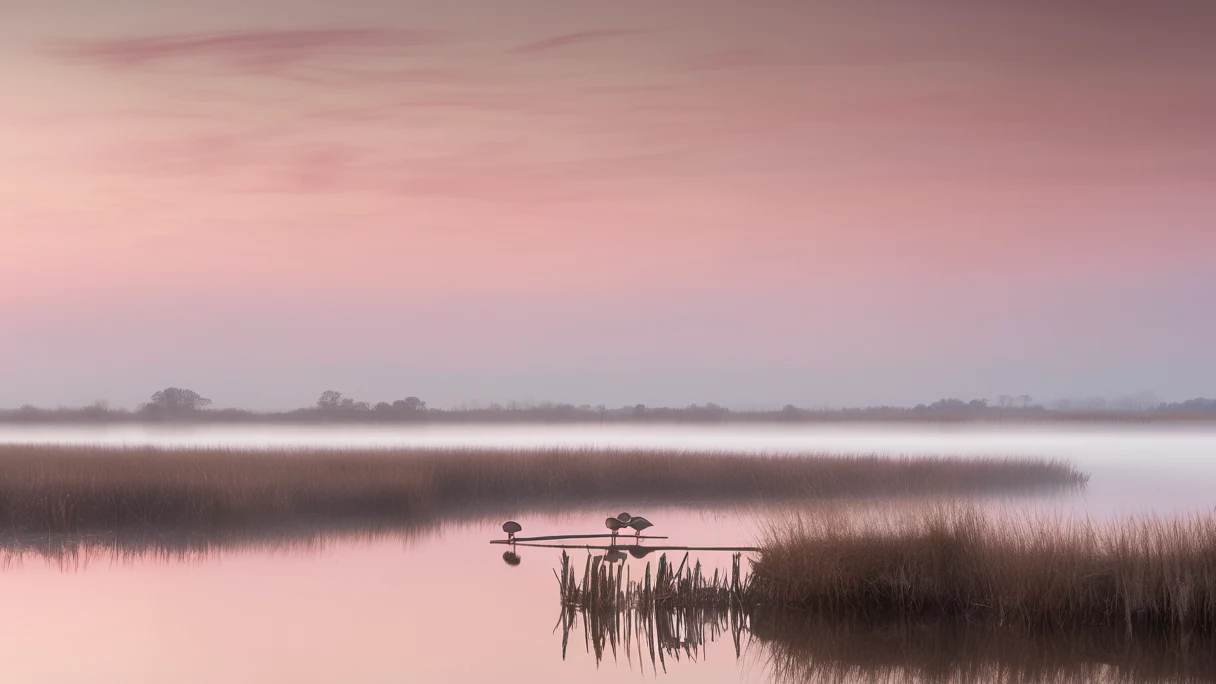 Flooded impoundment marsh beside Lake Mattamuskeet at dawn, calm dark water and winter grass under a wide sky