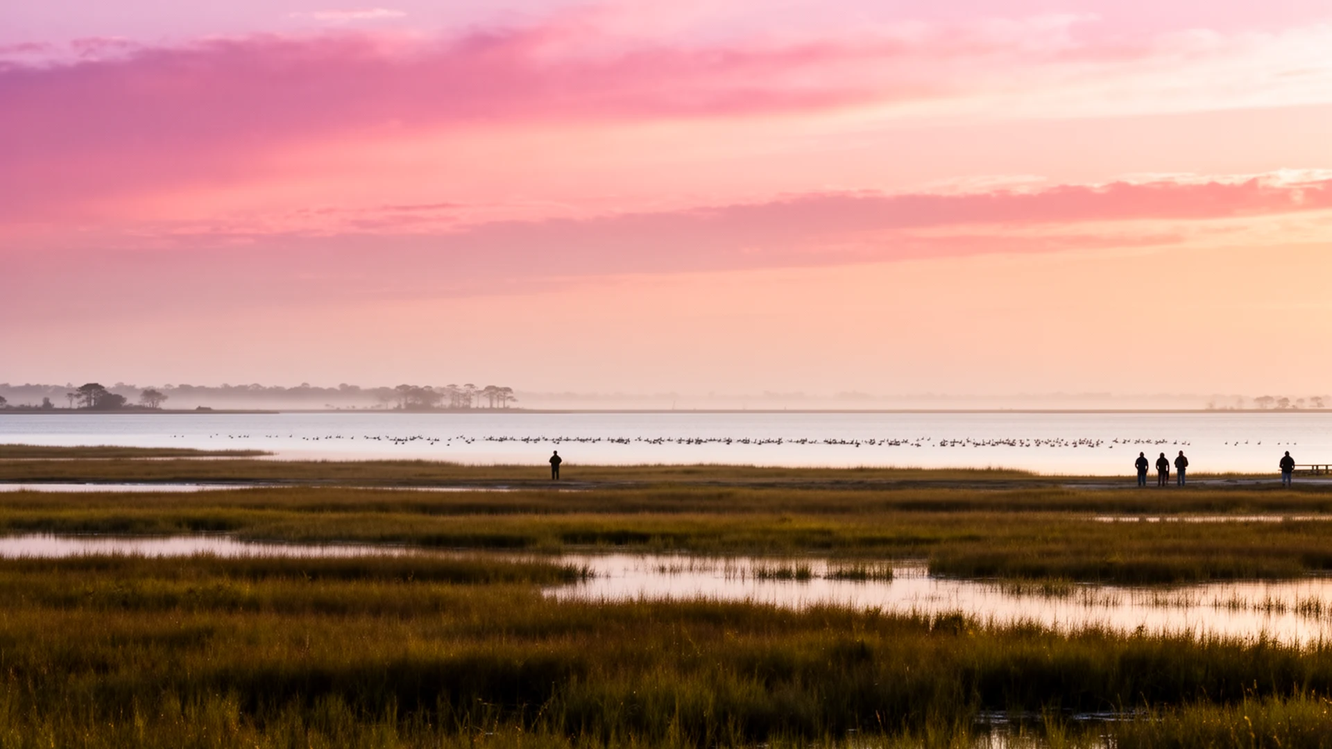 Lake Mattamuskeet at sunrise in Hyde County with vast flat water and distant waterfowl in soft haze