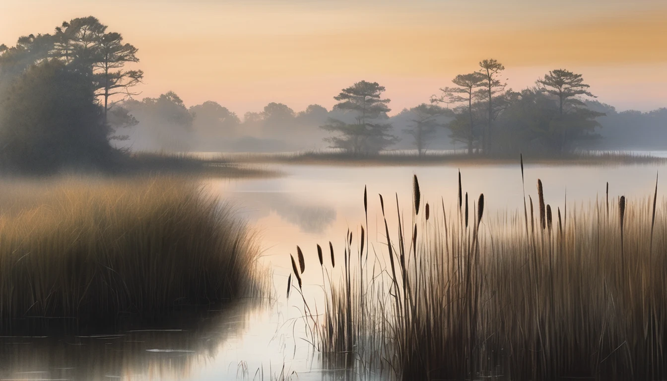 Lake Mattamuskeet shoreline marsh at golden hour, calm water and cattails under a wide coastal sky in Hyde County