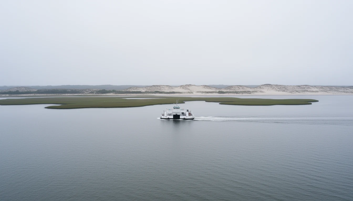 Small white vehicle ferry crossing calm Pamlico Sound water at a distance, low marsh islands and sand dunes on the horizon under a wide hazy coastal sky