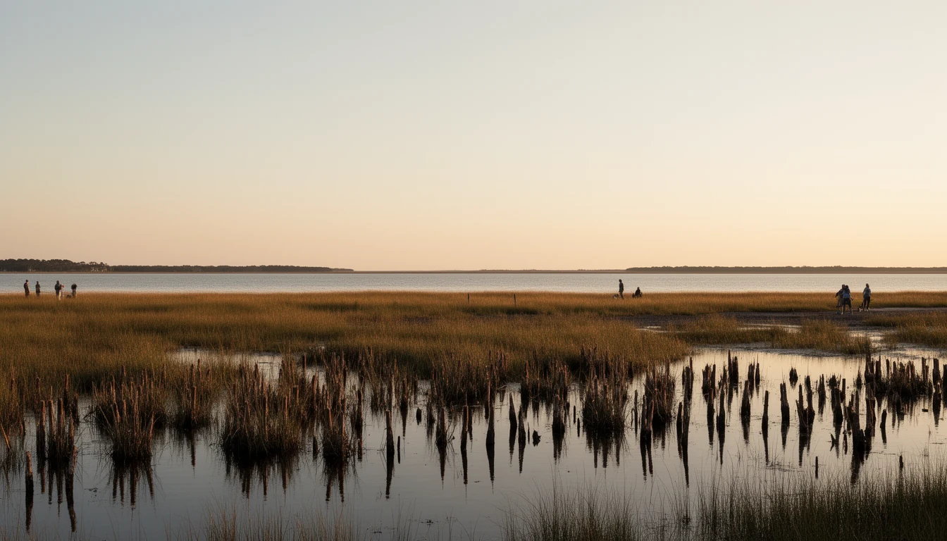 Lake Mattamuskeet shoreline marsh at sunrise, calm water and cattails in Hyde County under a wide sky