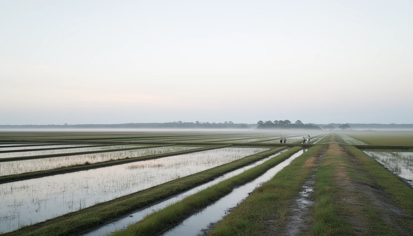 Drained farmland with canals near Lake Mattamuskeet in Hyde County at first light