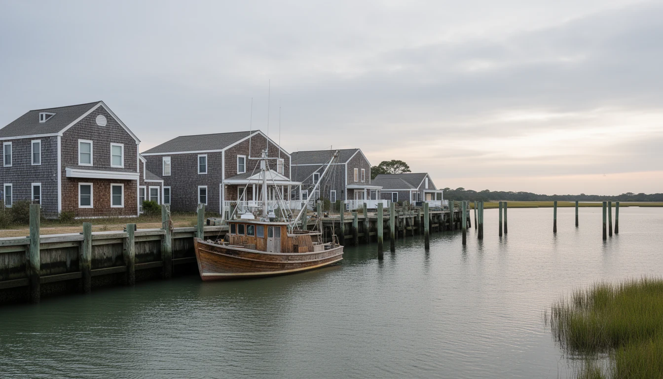 Fishing boats tied along the bulkhead at Silver Lake harbor in Ocracoke village on a cool October morning