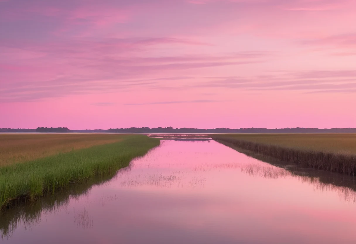 Flooded impoundment field at dawn reflecting a pink sky, flat coastal farmland with a water control ditch in Hyde County