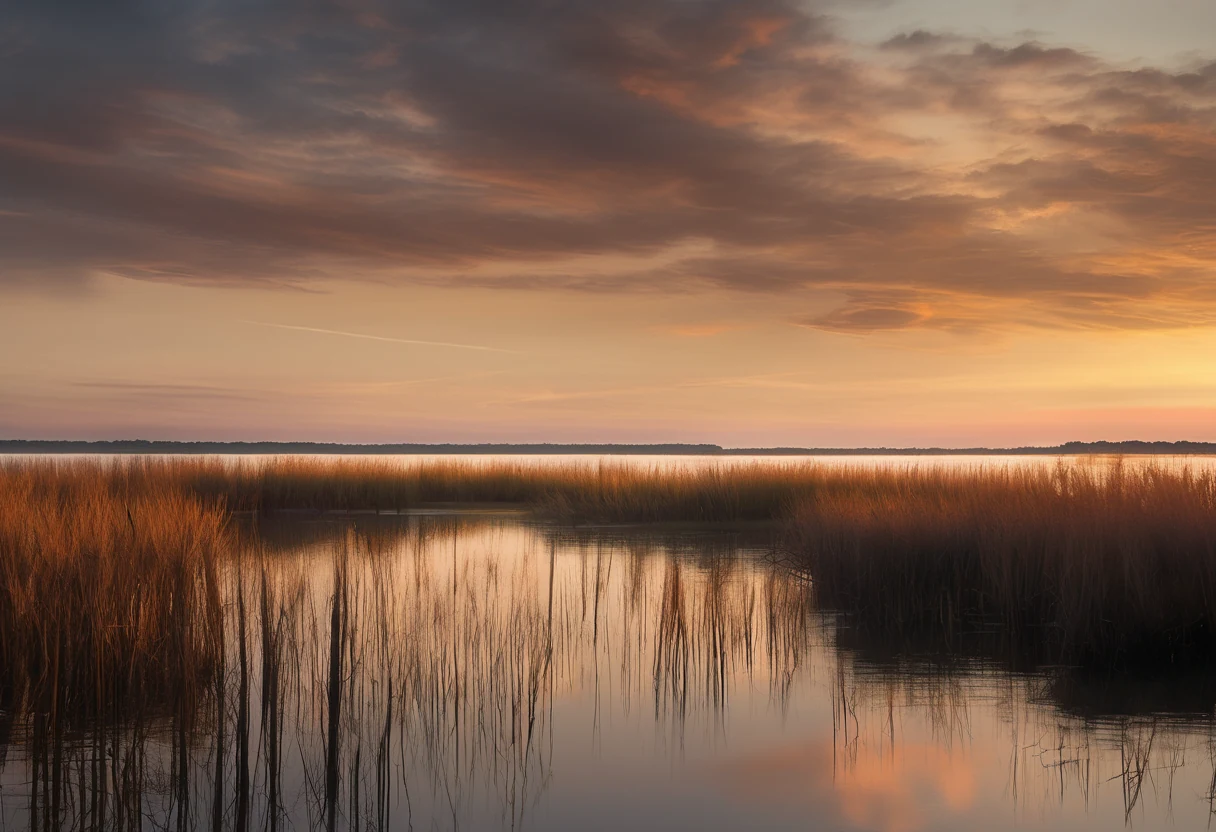Lake Mattamuskeet marsh at golden hour, calm shallow water and cattails under a wide coastal sky