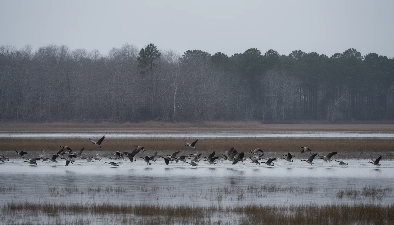 Winter marsh and shallow lake at gray dawn, flocks of geese lifting off open water, bare trees along the eastern North Carolina coastal plain